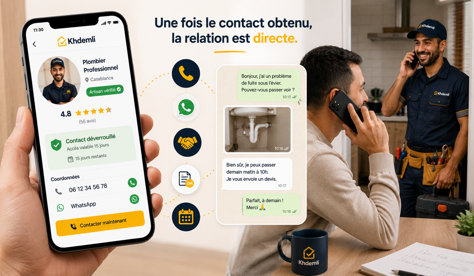 Client appelant un artisan depuis sa cuisine après avoir déverrouillé son contact